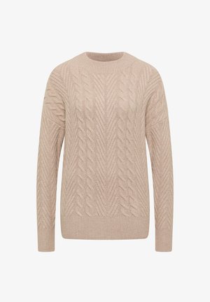 Beige kabelgebreide trui met een ronde hals, getextureerde zigzagpatronen, lange mouwen en geribbelde manchetten en zoom.