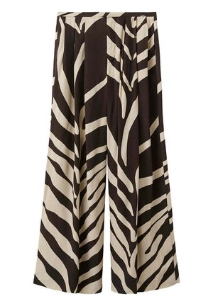Wide-leg pants with bold black and beige zebra print pattern, pleated front, and high waistband.