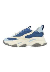 Sneakers chunky con una toma in rete blu, accenti crema e azzurro chiaro, suola testurizzata e suola esterna in gomma grigia a contrasto.