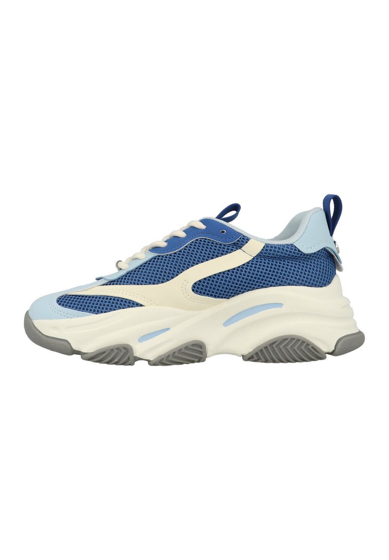Sneakers chunky con una toma in rete blu, accenti crema e azzurro chiaro, suola testurizzata e suola esterna in gomma grigia a contrasto.