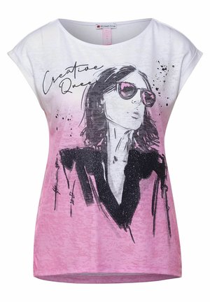 White and pink t-shirt with graphic of a woman wearing sunglasses and "Creative Queen" text above her head.