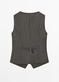 Ciemnoszary kamizelka w prążki z regulowanym paskiem i metalowym zapięciem z tyłu, dopasowany krój, bez rękawów z wciętym dolnym brzegiem.