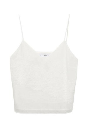 Top alb fără mâneci, cu decolteu în V, având broderie florală în față și bretele subțiri ajustabile. Textură netedă, fit scurt.