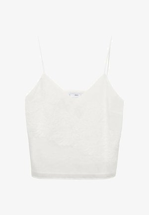 Débardeur sans manches blanc avec un décolleté en V, orné de broderies florales à l'avant et de fines bretelles ajustables. Texture lisse, coupe courte.