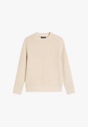 Lichtbeige geribbeld gebreid trui met een ronde halslijn en lange mouwen. Zachte textuur en comfortabele pasvorm. Label zichtbaar bij de hals.