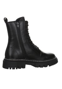 Botte de combat en cuir noir avec fermeture éclair latérale, lacets à l'avant, languette de traction et semelle épaisse et robuste avec détails de couture blanche.