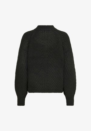 Crni pleteni džemper s teksturiranim rebrastim uzorkom, visokim izrezom i obimnim rukavima s uskim rubom.