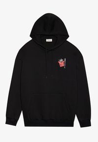 Black hooded sweatshirt made of soft material, featuring a front pocket, drawstrings, and a small graphic design on the left chest area.