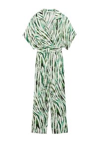Wijdbenige jumpsuit met korte mouwen, kraag, wikkelfront en zelfbindende riem in een groene, witte en zwarte zebraprint.