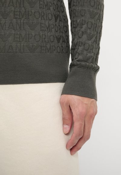 Maglione grigio lavorato a maglia con motivo testurizzato del logo "Emporio Armani", con polsini a coste e design aderente. Mano visibile su uno sfondo chiaro.