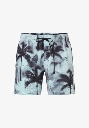 Shorts de bain bleu clair avec des motifs de palmiers noirs, une ceinture élastique et un cordon noir à nouer à l'avant.