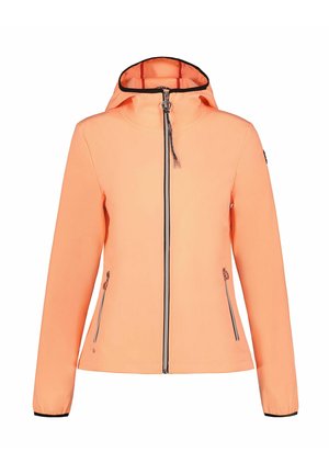 Lichtoranje jas met capuchon, een rits aan de voorkant en twee met rits afgesloten zakken, zwarte bies aan de manchetten en de rand van de capuchon.