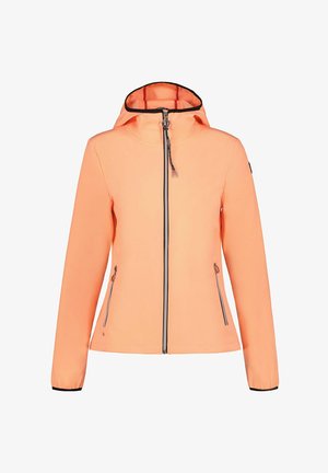 Light orange hooded jacket with front zipper and two zippered pockets, black trim on cuffs and hood edge.