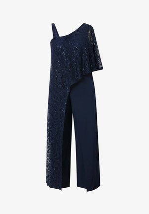 Marine jumpsuit met een gelaagde kanttop met pailletten, asymmetrisch ontwerp en wijde broekspijpen voor een vloeiende silhouet.