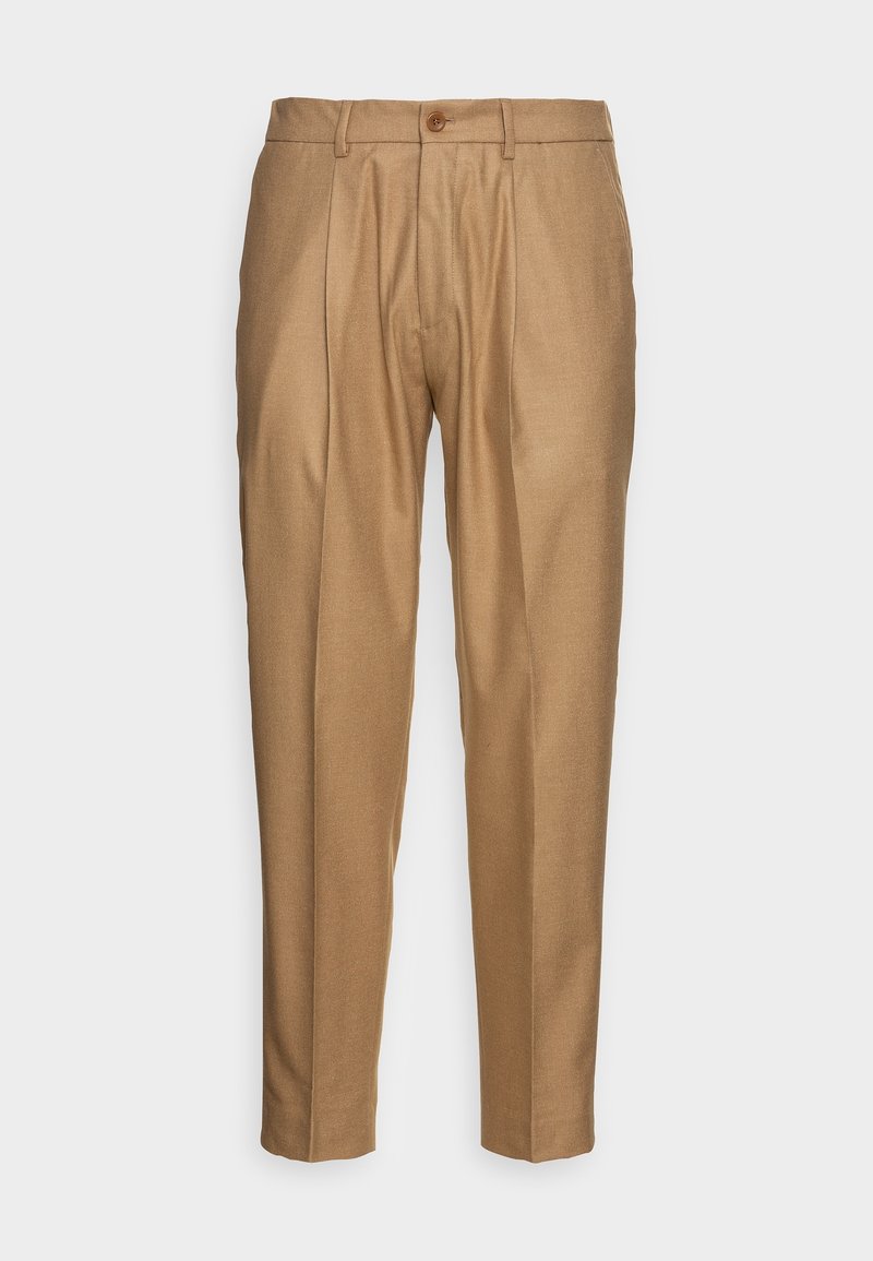 Pantalons khaki en tissu texturé avec une coupe plate, deux plis avant, une fermeture à un bouton et des jambes fuselées.