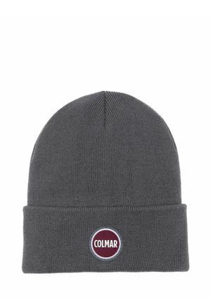 Bonnet en maille gris foncé avec un revers et un logo COLMAR circulaire bordeaux sur le devant.