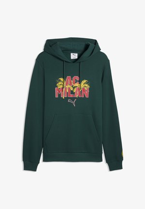 Ciemnozielona bluza z kapturem z żółtymi palmami, czerwonym napisem "AC MILAN" oraz małym logo Puma z przodu, a także przednią kieszenią kangurką.