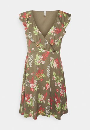 Ärmelloses olivgrünes Kleid mit V-Ausschnitt, Rüschkragen und mehrfarbigem Blumenprint in Rot, Pink, Weiß und Grün.