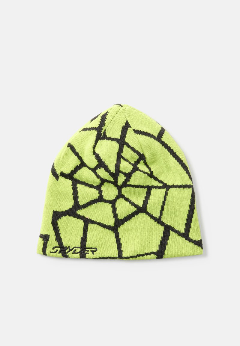 Kudumine beanie erksas neoonrohelises värvitoonis musta ämblikuvõrgu mustriga. Omab tihedat sobivust ja selle ääres on väike must logoaktsent.