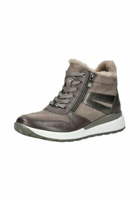 Sneaker alta grigia e marrone con zip laterale, lacci, suola bianca e fodera interna in pile beige.