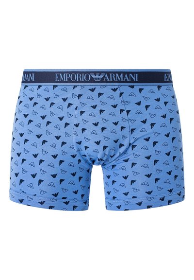 Light blue cotton boxer briefs featuring a repeating dark navy logo pattern, with a matching navy elastic waistband marked "Emporio Armani."