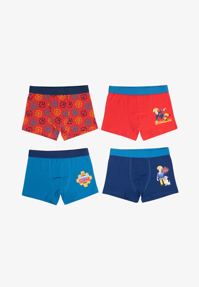 Quattro paia di boxer da uomo: rossi con motivo a tema fuoco, rossi uni, blu con logo "Fireman Sam" e blu navy con grafica del personaggio.