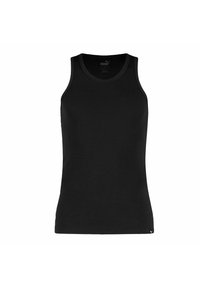 Black tank top with a round neckline. Made of soft, stretchy fabric, featuring a fitted design and subtle logo detail at the hem.