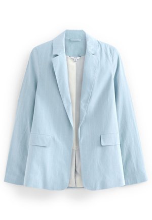Blazer femme bleu clair à fines rayures subtiles, col à revers cranté, poches avant à rabat et doublure intérieure blanche, présenté à plat.