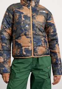 Osoba w niebieskiej i brązowej kurtce puchowej w wzór kamuflażu z logo The North Face oraz zielonych spodniach cargo od Nike.