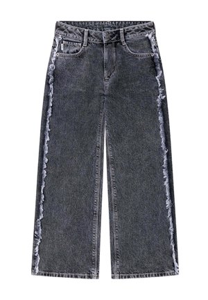 Zwarte denim jeans met hoge taille, brede pijpen, rafelige zijnaden, voorzakken, riemlussen en een knoopsluiting.