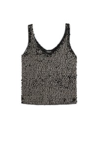 Zwart mouwloos topje met een gestructureerd oppervlak met kleine verhoogde kralen, een ronde halslijn en een gladde rand, dat een unieke visuele aantrekkingskracht biedt.