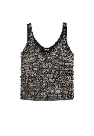 Czarny top bez rękawów z teksturowaną powierzchnią z małymi wypukłymi koralikami, okrągłym dekoltem i gładkim wykończeniem, zapewniający unikalny efekt wizualny.