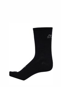 Svart bomullsankelsocka med ribbat mönster, med "OFF DO" tryckt i vitt nära toppen och en rundad tådesign.