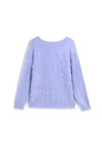 Helllila Pullover aus flauschigem Material, mit weitem Ausschnitt und langen Ärmeln. Die Textur wirkt durchgehend weich und fusselig.