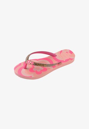 Pink klip-klapper med glitrende stropper, dekoreret med små blomsterdetaljer og et blomsterprint på sålen.