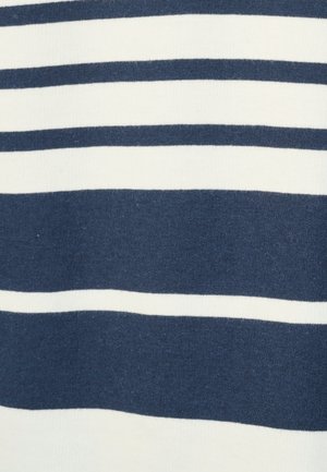 Blauw en wit gestreepte stof, met afwisselend dikke en dunne horizontale strepen, met een gladde textuur.