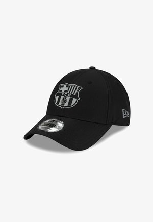Black baseball cap featuring a raised FC Barcelona logo in silver on the front, smooth fabric, curved brim, and adjustable strap at the back.