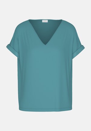 Tealkleurig T-shirt met V-hals en opgerolde korte mouwen, gemaakt van zacht stof, met een losse pasvorm en zijsplitten voor bewegingsvrijheid.