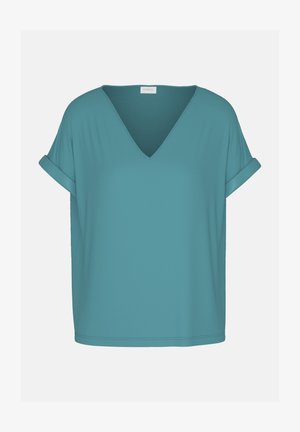 Türkisfarbenes V-Ausschnitt-T-Shirt mit aufgerollten kurzen Ärmeln, aus weichem Stoff gefertigt, mit lockerem Schnitt und seitlichen Schlitzen für mehr Bewegungsfreiheit.