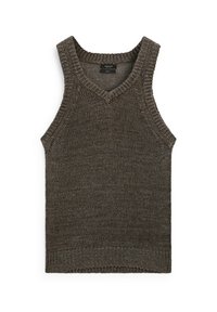 Tmavě hnědý pletený top na tenká ramínka s V-výstřihem, širokými ramínky a žebrovaným lemem. Obsahuje texturovaný vzor po celém materiálu.