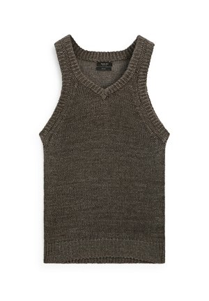 Donkerbruin gebreid tanktop met een V-hals, brede bandjes en geribbelde zoom. Heeft een gestructureerd patroon door de gehele stof.