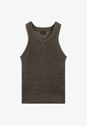 Donkerbruin gebreid tanktop met een V-hals, brede bandjes en geribbelde zoom. Heeft een gestructureerd patroon door de gehele stof.