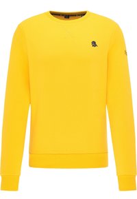 Felpa gialla con scollo tondo, polsini e orlo a costine, con un piccolo logo nero a forma di uccello sul petto. Materiale morbido e strutturato.