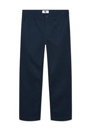 Navyblaue Baumwoll-Chinos mit geradem Schnitt, einschließlich einem vorderen Knopfverschluss, zwei seitlichen Taschen und minimalistischer Gestaltung.