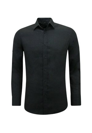 Zwarte longsleeve shirt van gestructureerde stof, met een kraag, knoopsluiting aan de voorkant en een enkele knoop manchetafwerking.