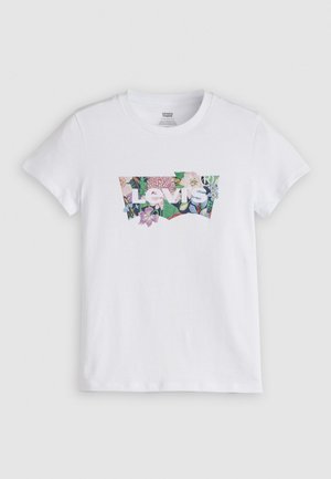 White cotton t-shirt featuring a colorful floral design within a Levi's logo. Short sleeves and a round neckline.