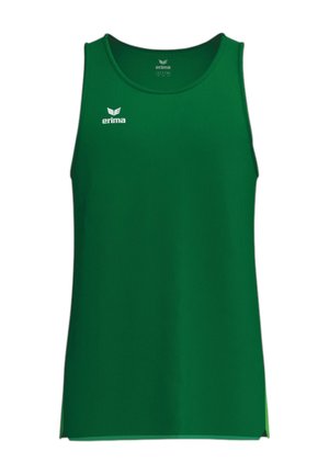Grünes ärmelloses Sporttanktop mit weißem "erima" Logo auf der Brust und im Innenkragen, gerippte Stoffstruktur.