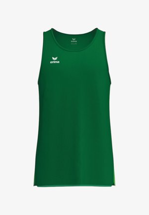 Grünes ärmelloses Sporttanktop mit weißem "erima" Logo auf der Brust und im Innenkragen, gerippte Stoffstruktur.