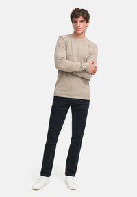 Hellebeige Strickpullover mit strukturiertem Muster, rundem Ausschnitt und gerippten Bündchen, kombiniert mit dunklen Hosen und weißen Sneakern.