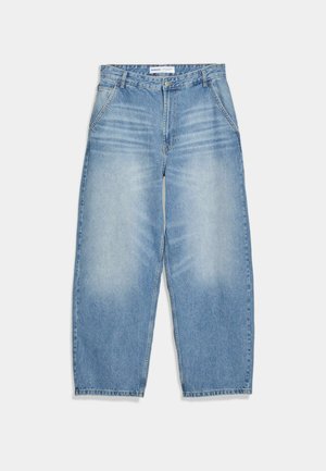 Light blue denim wide-leg jeans with a high waist, faded front detailing, and straight hems. Five-pocket design and metal button closure.